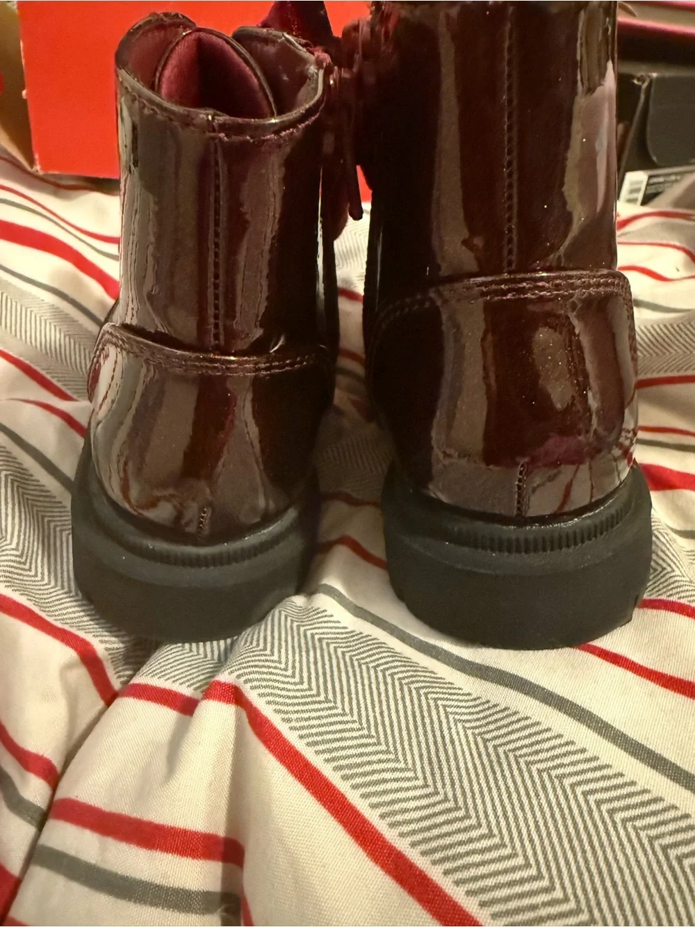 Cat & Jack Girls Glossy Burgundy Ankle Boots with Velvet Bows